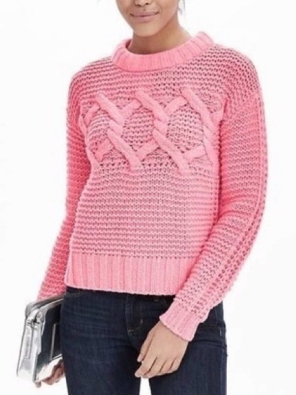 BANANA REPUBLIC Pink Wool Blend Barbiecore Chunky Preppy Cable Knit Cozy Sweater